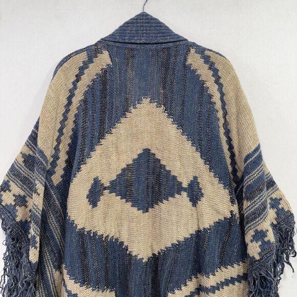 Lauren Ralph Lauren Poncho Cardigan Women L Blue Beige Wool Linen Southwestern - Picture 5 of 15
